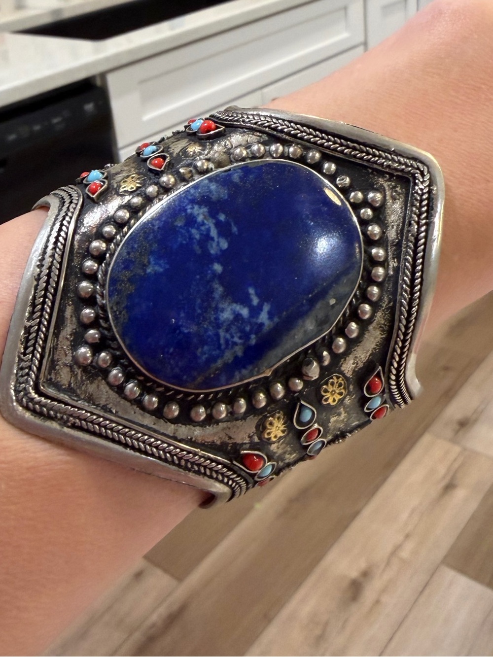 Vintage Afghan Kuchi Tribal Cuff Bracelet - Huge Natural Lapis Lazuli Stone
